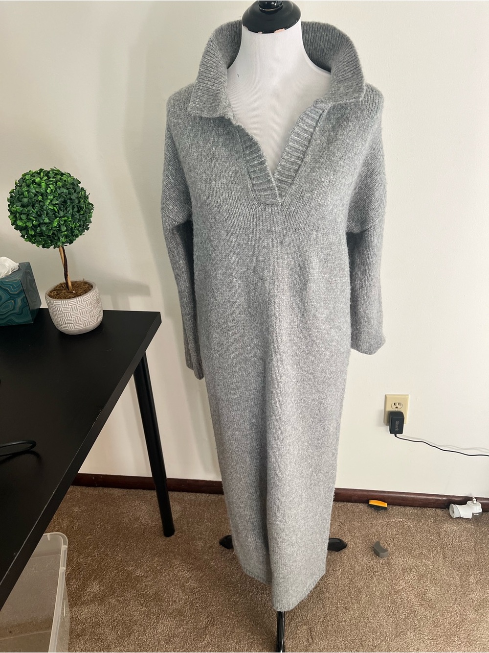 NWOT Cozy Long Gray Knit Sweater Dress with Collared V-Neck
